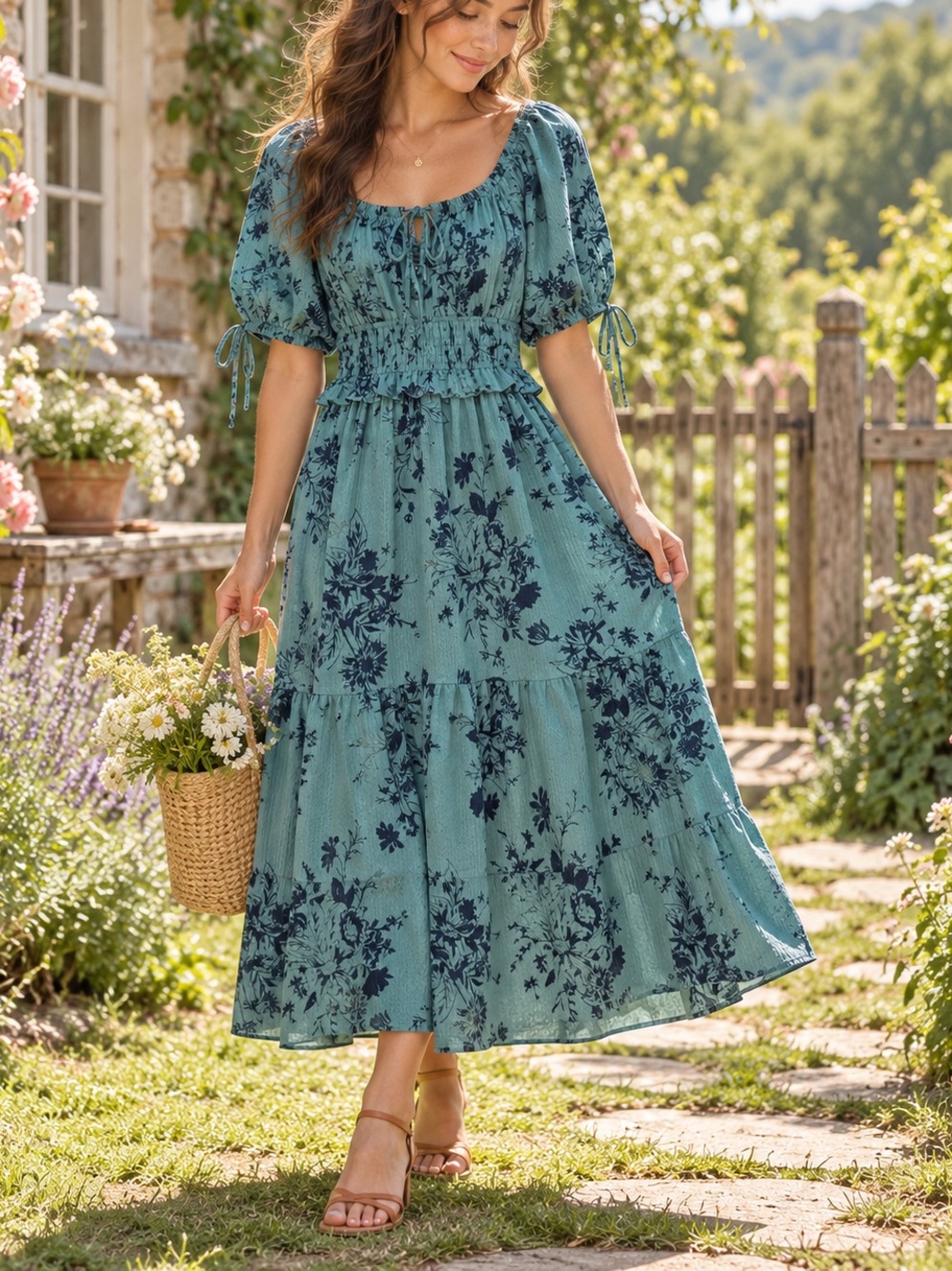 Cato Small Petite Teal Navy Floral Smocked Puff Sleeve Midi Dress